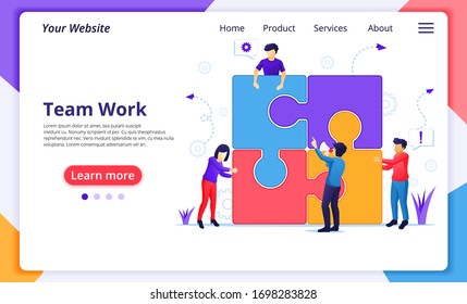 Team work concept, people connecting piece puzzle elements. business leadership, partnership. Modern flat web page design for website and mobile website development. Vector illustration
