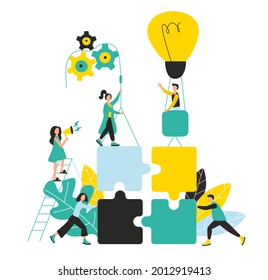 Team work concept. People connecting puzzle elements. Man on balloon like lamp bringing ideas, women giving orders. Vector illustration flat design style. Symbol of teamwork, cooperation, partnership 