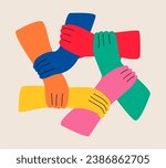Team work concept. Six hands connection. Colorful vector illustration
