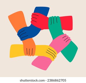 Team work concept. Six hands connection. Colorful vector illustration
