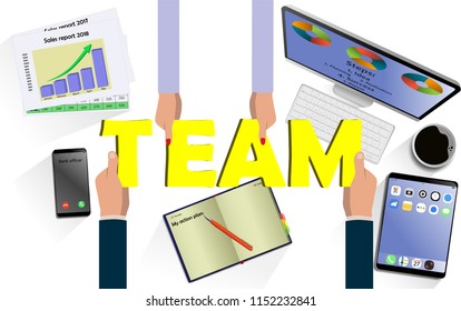 Team work concept. Top view on hands with letters TEAM above desk with laptop,mobile, tablet and other business accessories Modern business workplace