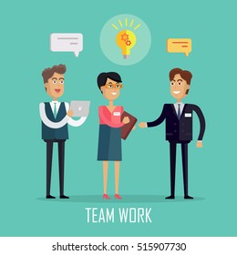 Team work concept vector in flat style design. Peoples in suits discuss conceptual idea as light bulb with gears. Illustration of business characters, work process, brainstorm infographics.