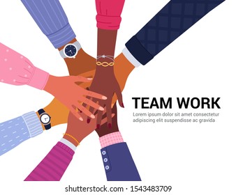 Team work concept. Vector illustration of young diverse business people putting their hands together. Place for your text. Isolated on white.