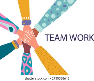 Team work concept. Vector illustration of a young diverse people putting their hands together. Place for your text. Isolated on white.