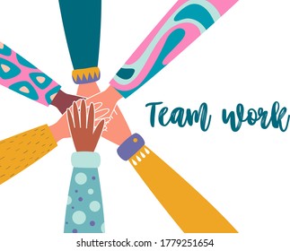 Concepto de trabajo en equipo. Imagen vectorial de un joven diverso que pone sus manos juntas. Coloca tu texto. Aislado en blanco.