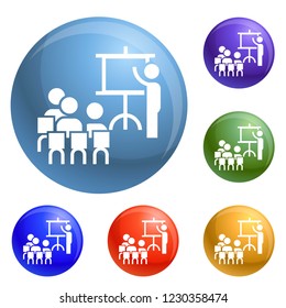 Team work conference icons set vector 6 color isolated on white background