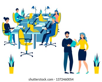 Team work conference meeting. Business talking isolated on white background. Flat style. Cartoon vector illustration