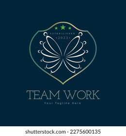 Team work connection butterfly line shield logo design template for brand or company and other
