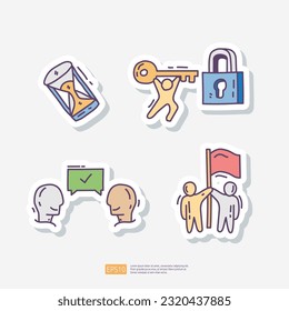 Team Work. Contains team goal, motivation, working group, management, collaboration, cooperation. Hand drawn doodle sticker icon set vector illustration