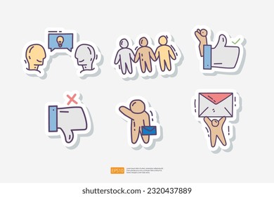 Team Work. Contains team goal, motivation, working group, management, collaboration, cooperation. Hand drawn doodle sticker icon set vector illustration