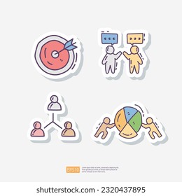 Team Work. Contains team goal, motivation, working group, management, collaboration, cooperation. Hand drawn doodle sticker icon set vector illustration