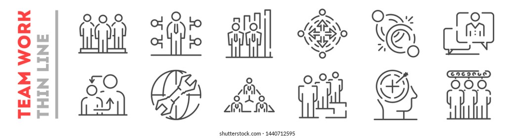 Team work and cooperation in company set of thin line icons on white. Outline communication with colleagues pictograms collection. Business relationship logos. Vector elements for infographic, web.