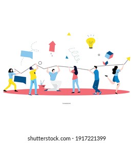 Team Work, Cooperation, Corporate Organization, Partnership, Business Graph Growth, Leadership, Innovative Business Approach, Unique Ideas And Skills, People Holding Arrow Flat Vector Illustration