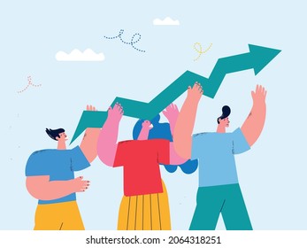 Team work, cooperation, corporate organization, partnership, business graph growth, leadership, innovative business approach, unique ideas and skills, people holding arrow flat vector illustration
