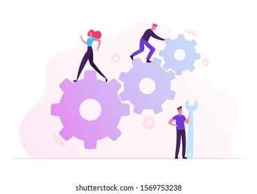 Team Work Cooperation in Gears Mechanism. Businesspeople Engaged in Business Direction to Successful Path Move Huge Cogwheel Machine Man Technician Support Hold Wrench. Flat Vector Illustration