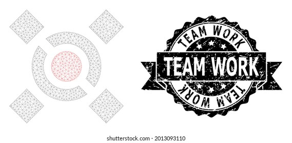 Team Work corroded stamp and vector central link mesh model. Black stamp seal has Team Work tag inside ribbon and rosette. Abstract flat mesh central link, built from flat mesh.