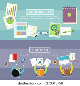 Team work coworking concept. Co-working item icons. Business meeting top view in flat design. Notebook with text marketing plan, research, advertising, branding, publicity, strategy, public relations