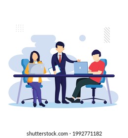 Team work in Co-Working space concept, People in meeting and work on desk. landing page website illustration flat vector template.