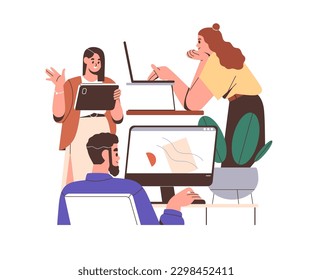 Team work in creative company. Colleagues, coworkers, employee working under common business project. Different tasks, roles in teamwork. Flat graphic vector illustration isolated on white background