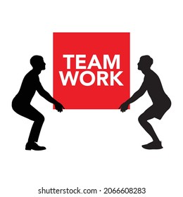 Team work creative concept graphic design. Icon of two men lifting a red heavy box together isolated on white background. Editable EPS 10 vector graphic illustration.