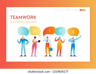 Team Work Creative Process Landing Page Template. Social Media Communication Concept with People Characters Working Together for Website Banner. Vector illustration