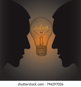 Team work creativity concept. Two stylized male silhouettes with light bulb and inscription idea.Vector available.
