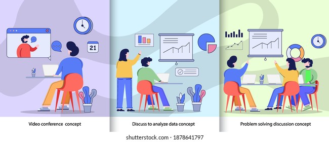 Trabajo en equipo Discutir el conjunto de gráficos. Concepto de videoconferencia en línea, análisis de concepto de datos, resolución de problemas concepto de discusión Diseño de ilustración vectorial plano