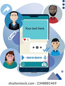 a team work discussing or colleagues sharing information and data by a smartphone app