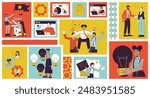 Team work diversity bento grid illustration set. Office job 2D vector image collage design graphics collection. Collaboration teamwork. Multicultural colleagues flat characters moodboard layout