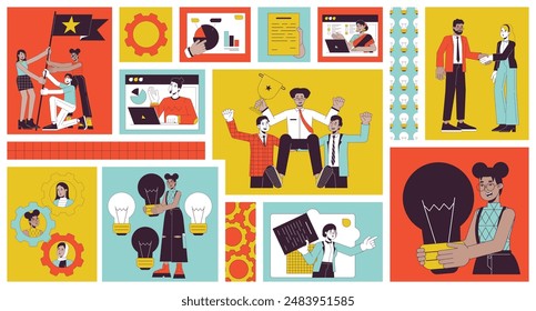 Team-Arbeit-Diversität Bento-Gitter-Illustrationssatz. Office-Job 2D-Vektorgrafik Bild Collage Design Grafik-Kollektion. Zusammenarbeit im Team. Multikulturelle Kollegen flache Zeichen Moodboard Layout
