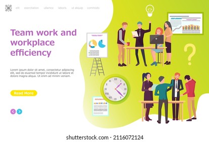 Team work efficiency and achieving business success vector. People with new startup, successful start of company, strategic plan discussion. Business website or webpage landing page template