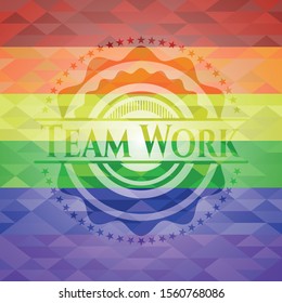 Team Work emblem on mosaic background with the colors of the LGBT flag