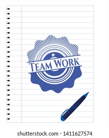 Team Work emblem with pen effect. Blue ink. Vector Illustration. Detailed.