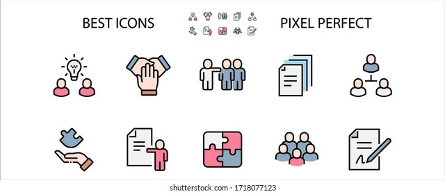 Team Work Filled Outline Icons. Colorful Linear Set Vector Line Icon. Cooperation, Collaboration, Team Meeting and more. 64x64 Pixel Perfect. Editable Stroke.