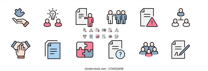 Team Work Filled Outline Icons. Colorful Linear Set Vector Line Icon. Cooperation, Collaboration, Team Meeting and more. 64x64 Pixel Perfect. Editable Stroke.