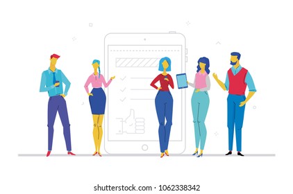 Team work - flat design style colorful illustration on white background. A composition with office workers or businessmen standing together, checking their gadgets. Linear image of a smartphone