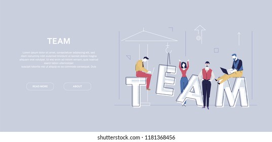 Team work - flat design style colorful banner on gray background with copy space for your text. High quality composition with cute characters, office workers, business people working at laptops