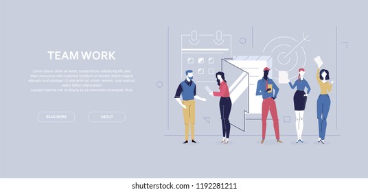 Trabajo en equipo - Banner de color de diseño plano sobre fondo gris con espacio para copiar el texto. Composición de alta calidad con personajes, gerentes de oficina, gente de negocios trabajando. Concepto de planificación