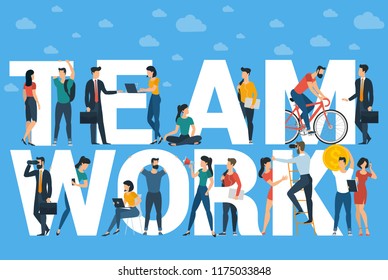 Team work flat design vector caption mock up cor poster, banner, web site page.