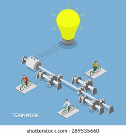 Team work flat isometric vector concept. Group of people are using bikes together to light the bulb lamp.