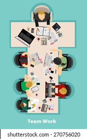 Team work with Flat style. A lot of design elements are included: computers, mobile devices, desk supplies, pencil,coffee mug, sheets,documents and so on