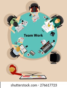 Team work with Flat style. A lot of design elements are included: computers, mobile devices, desk supplies, pencil,coffee mug, sheets,documents and so on