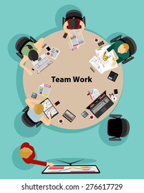 Team work with Flat style. A lot of design elements are included: computers, mobile devices, desk supplies, pencil,coffee mug, sheets,documents and so on