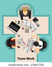 Team work with Flat style. A lot of design elements are included: computers, mobile devices, desk supplies, pencil,coffee mug, sheets,documents and so on