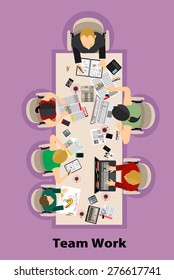 Team work with Flat style. A lot of design elements are included: computers, mobile devices, desk supplies, pencil,coffee mug, sheets,documents and so on