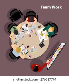 Team work with Flat style. A lot of design elements are included: computers, mobile devices, desk supplies, pencil,coffee mug, sheets,documents and so on