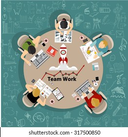 Team work with Flat style. A lot of design elements are included: computers, mobile devices, desk supplies, pencil,coffee mug, sheets,documents and so on