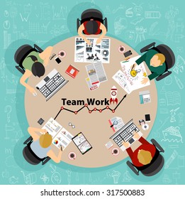 Team work with Flat style. A lot of design elements are included: computers, mobile devices, desk supplies, pencil,coffee mug, sheets,documents and so on