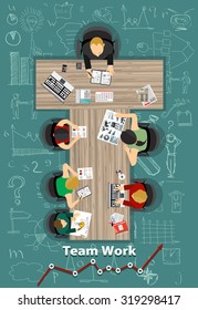 Team work with Flat style. A lot of design elements are included: computers, mobile devices, desk supplies, pencil,coffee mug, sheets,documents and so on