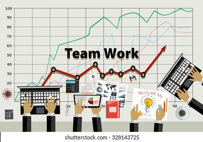 Team work with Flat style. A lot of design elements are included: computers, mobile devices, desk supplies, pencil,coffee mug, sheets,documents and so on